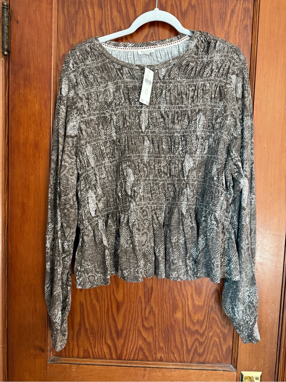 Anthropologie Pilcro Snakeskin Print Smocked Peplum Long-Sleeve Top NWT Size 1X